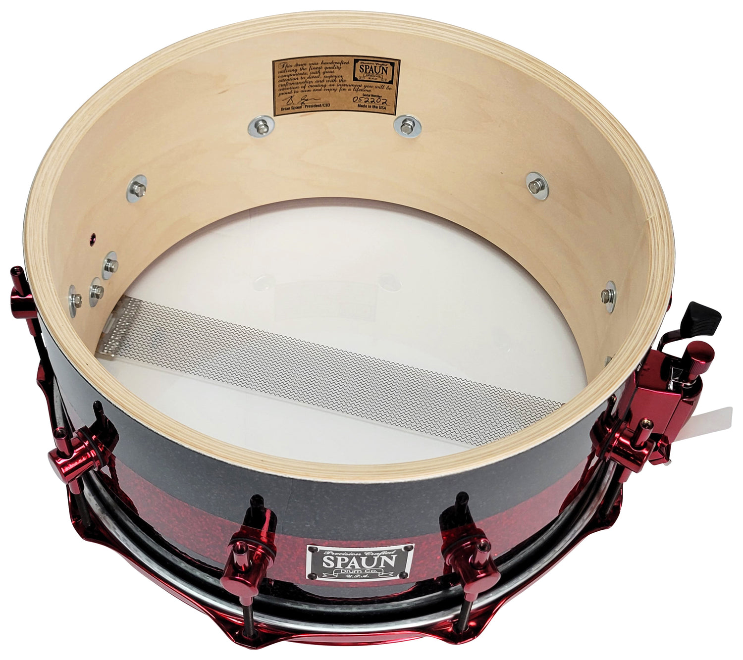 Maple 6.5x14 20ply Snare Drum-Black & Red Glass | Spaun Drums