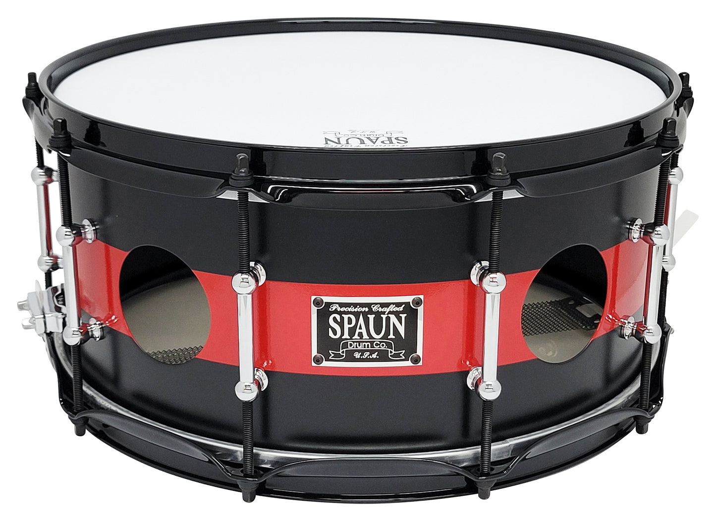 Steel Vented 6.5x14 Snare Drum-Black & Red | Spaun Drums