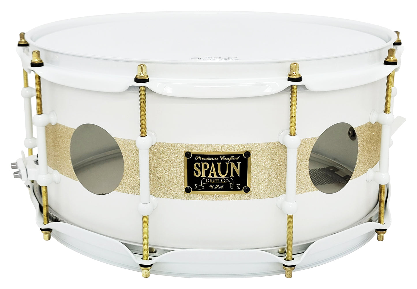 Steel Vented 6.5x14 Snare Drum-White & Gold | Spaun Drums